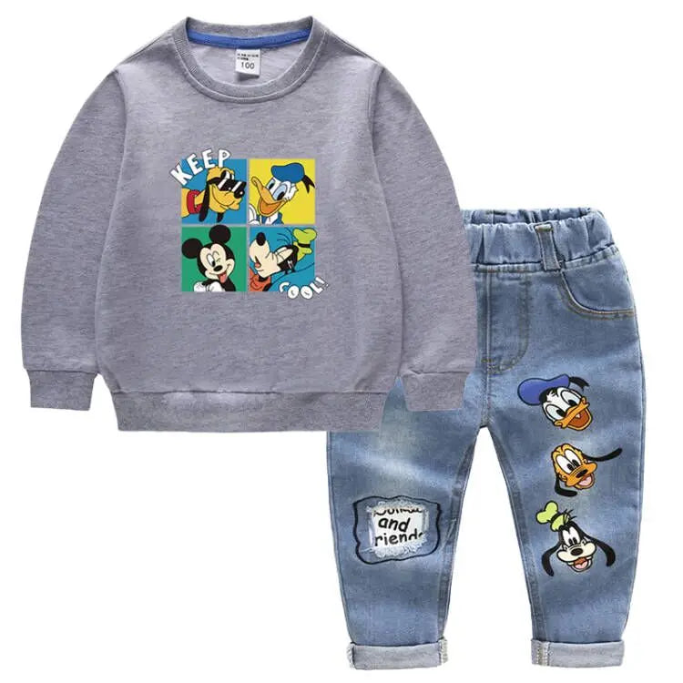 Fashion Baby Boys Cotton Clothing Sets Kids Cartoon Mickey Mouse Long Sleeve Tops + Jeans Pants 2Pcs for Children Tracksuits