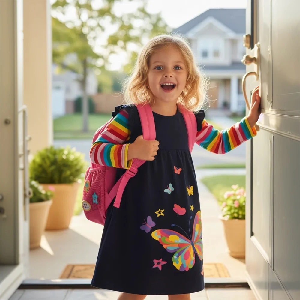 DXTON Children's Daily Dresses Cotton Toddler Casual Clothing Rainbow Long Sleeve Kids Dress Butterfly Vacation Girls Dress Wear