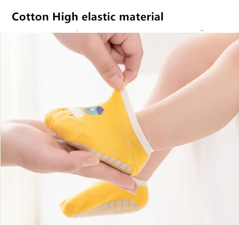 3Pairs Baby Non Slip Socks Cotton Casual Cartoon Print Boys Girls Toddler Floor Socks With Rubber Grips For 1-3Years