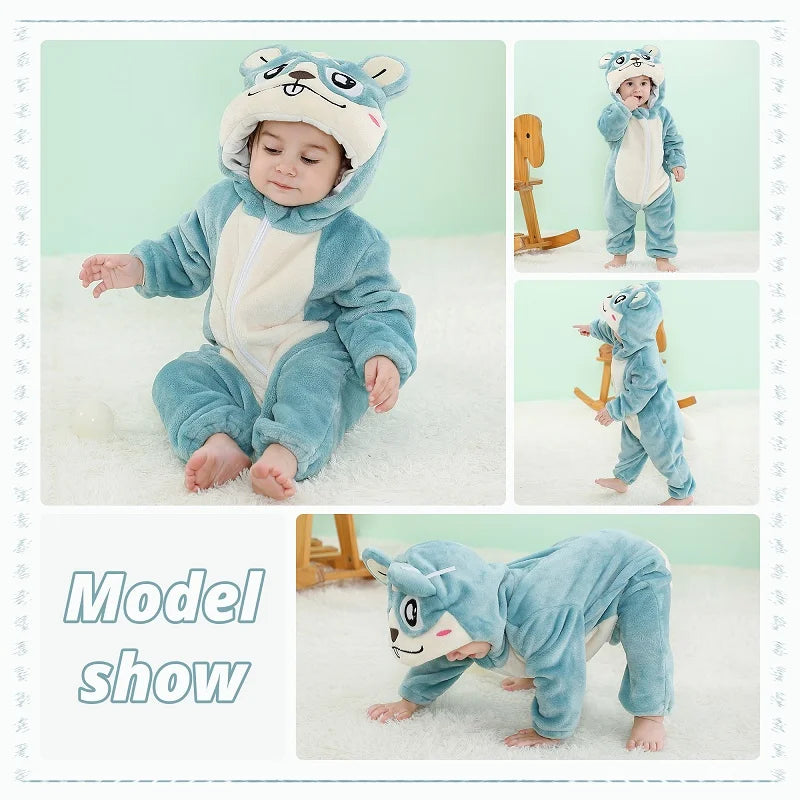 MICHLEY Halloween Costume Infant Baby Clothes Rompers Winter Flannel Hooded Bodysuits Pajamas Animals Overall Jumpsuit For Bebe