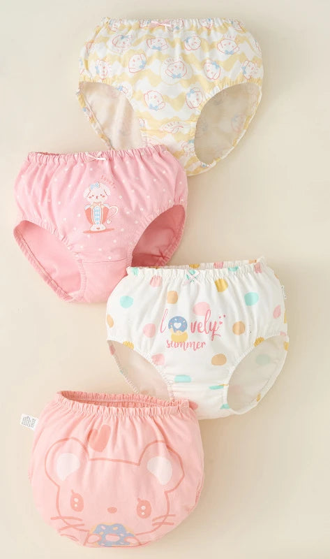 4PCS Cotton Soft Antibacterial Briefs for Girls Breathable Comfort Panties 3+y Young Children Clothing Kids Cute Print Underwear