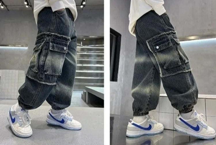 2025 Boys' Cargo Pants All-Season Washed Tie-Dye Denim Long Pants Trendy Casual Style
