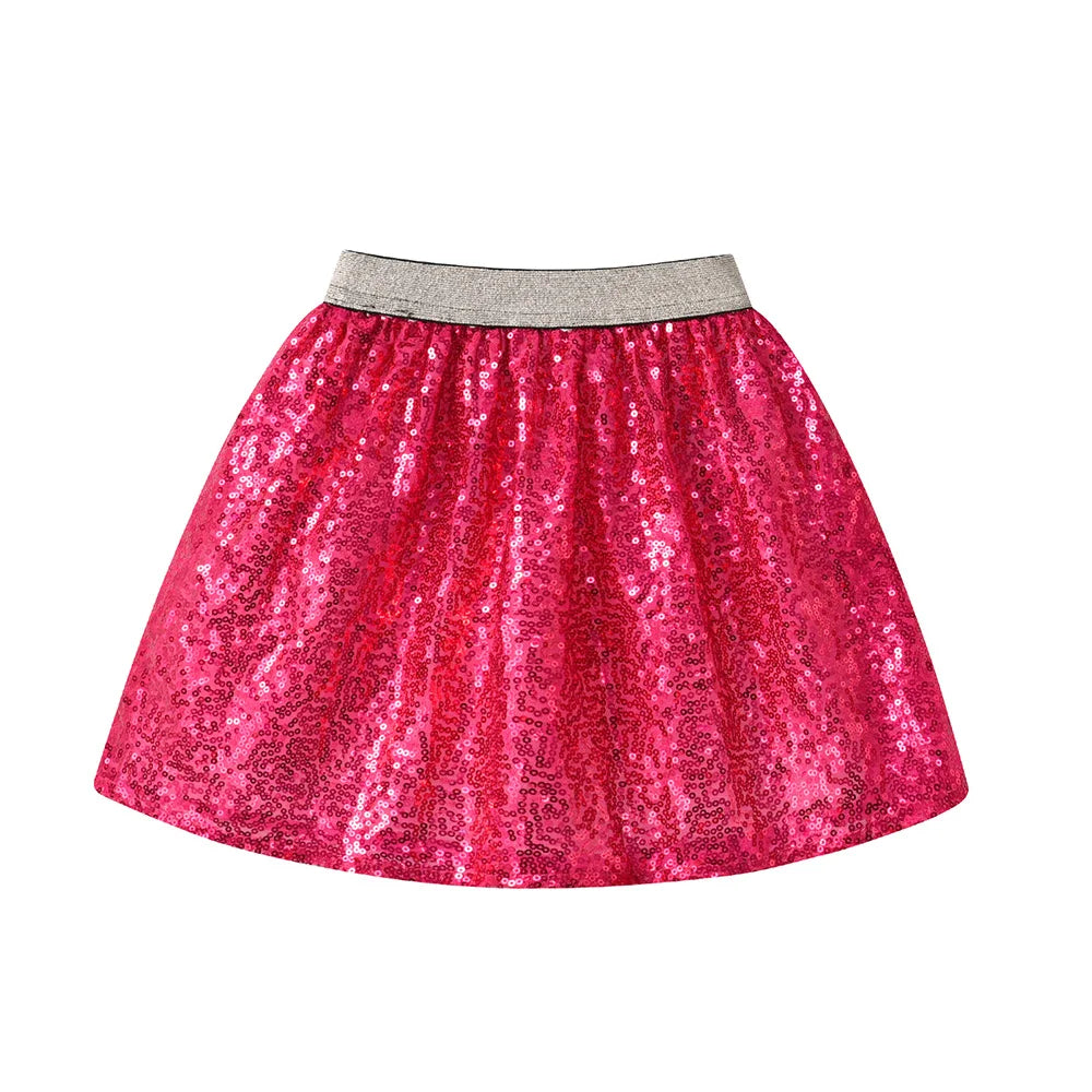 VIKITA Girls Sequined Appliqued Skirts Kids Red Performance Stage Birthday Party Prom Gown Princess Mini Skirt Children Clothing