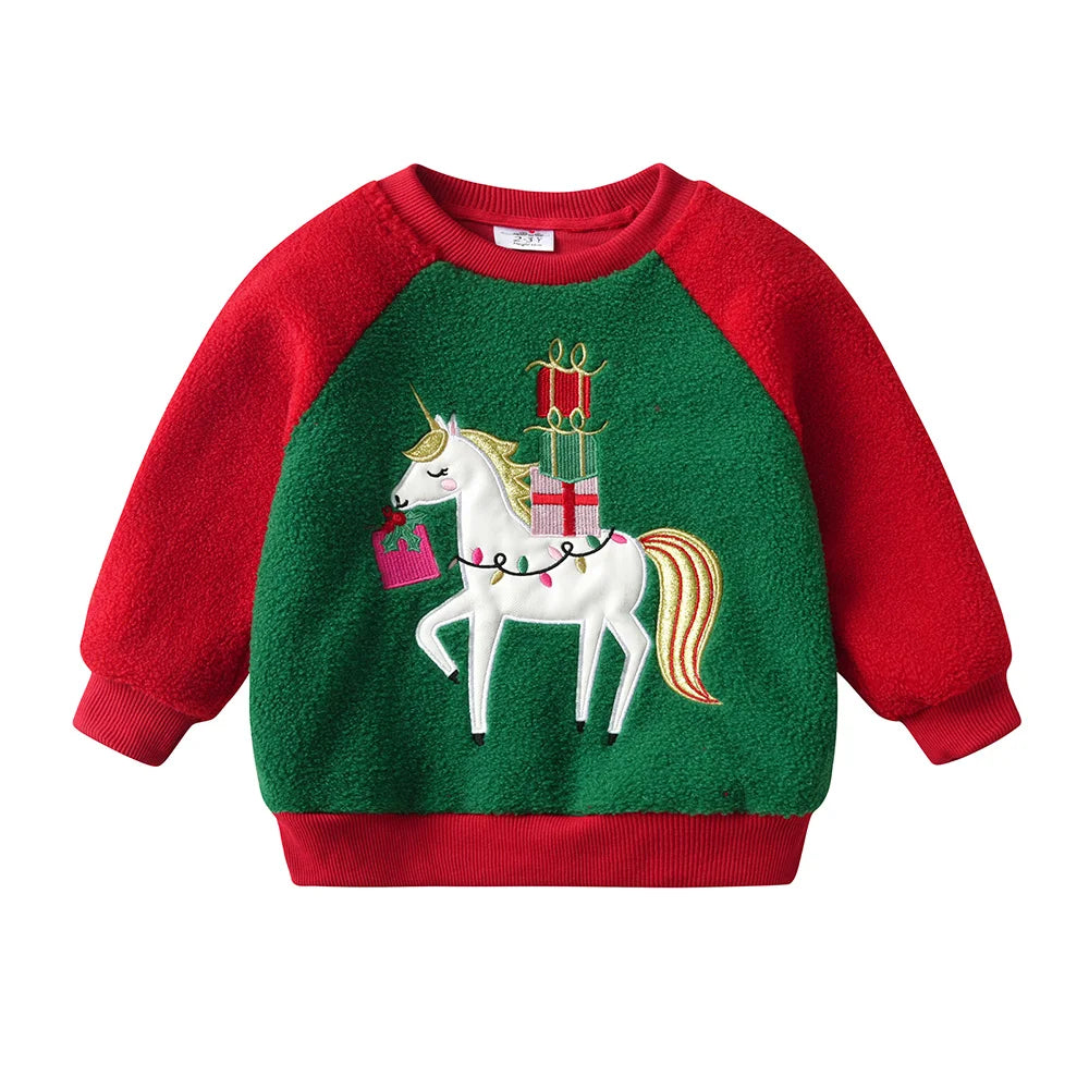 VIKITA Girls Fleece Sweatshirts Kids Autumn Winter Unicorn Appliqued Long Sleeve Sports Casual Outwear Children's Tops Pullover