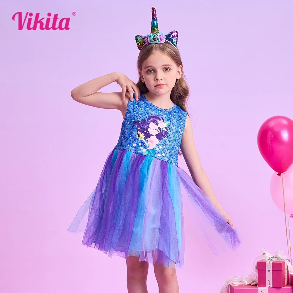 VIKITA Kids Summer Sleeveless Dress Girls Mermaid Cartoon Print Vestidos Kids Birthday Party Mesh Tulle Princess Patchwork Dress