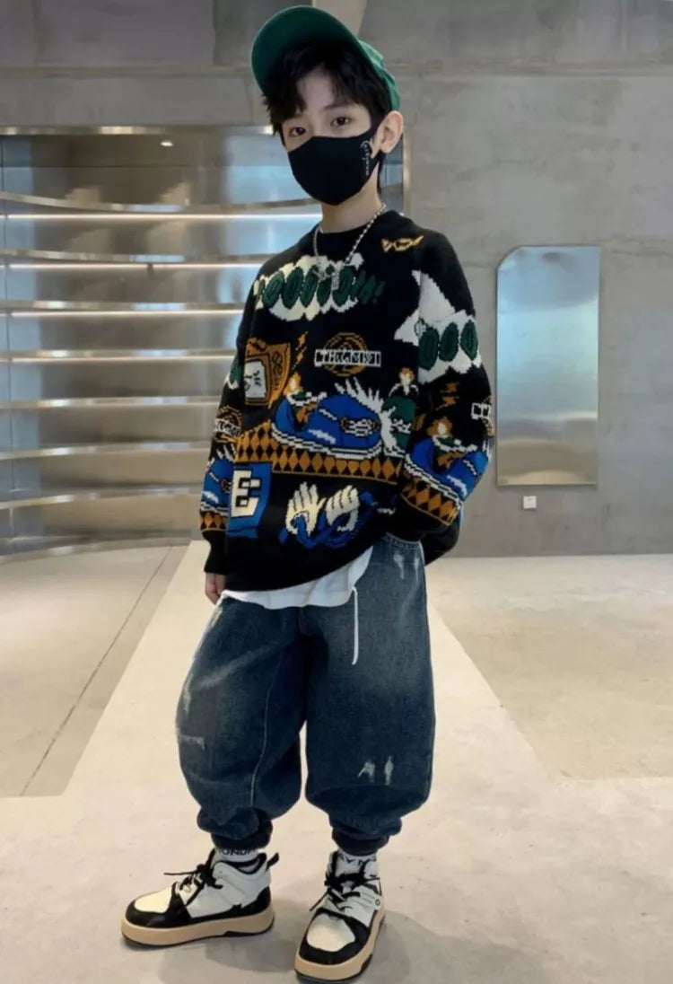 2025 New Boys' Autumn/Winter Fleece-Lined Thickened Pullover Knit Sweater - Warm Base Layer for Kids, Trendy & Cozy Design