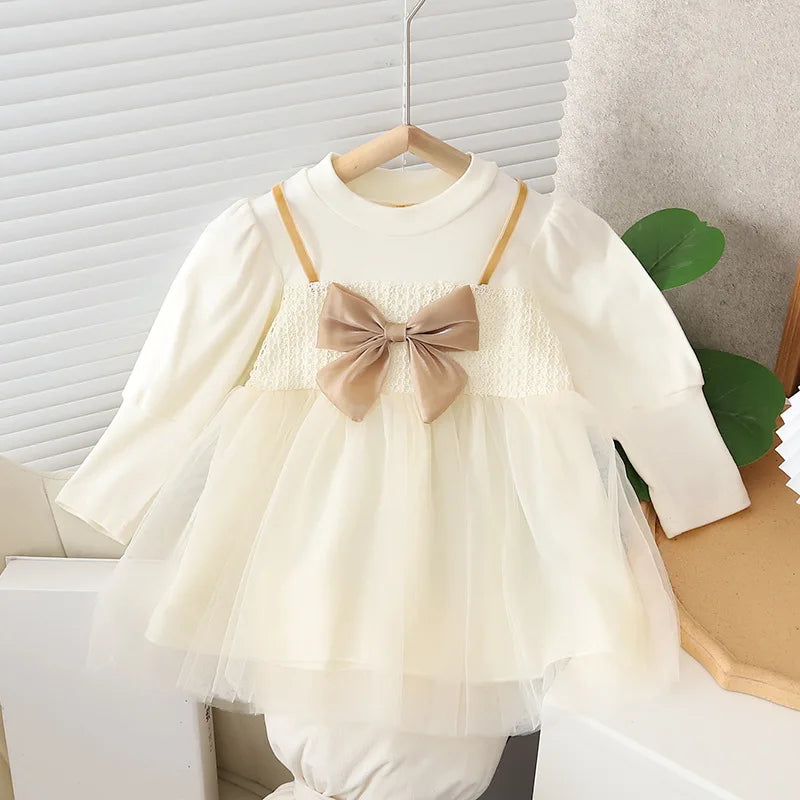 Autumn New Sweet Bow Baby Girl Dress, Princess Style Children'S Clothing Suitable For Babies Aged 9 Months To 3 Years Old