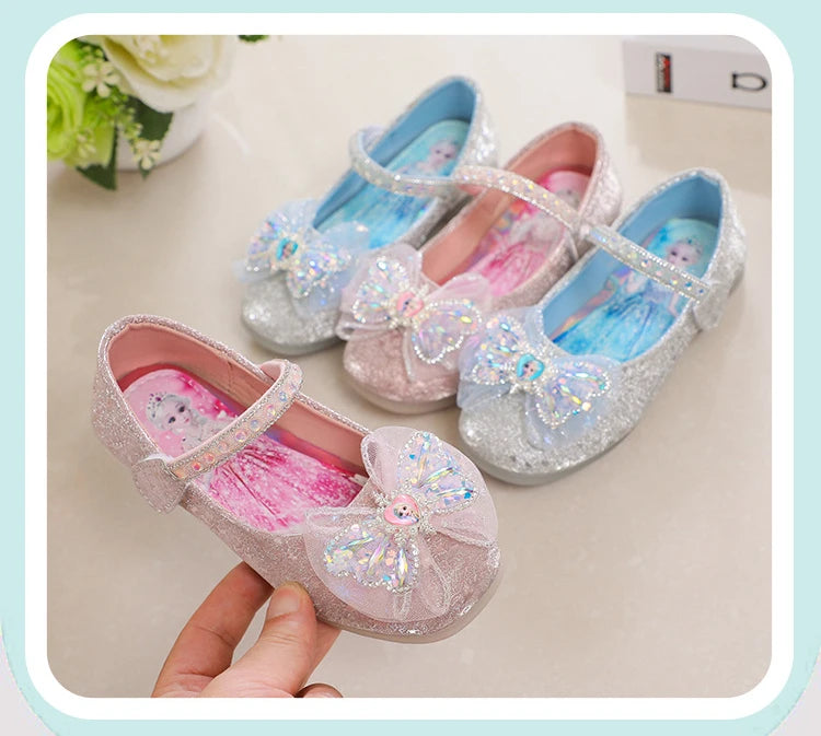 Kids'Casual Shoes Elsa Princess Frozen PU Leather Crystal Bow Spring Shoes For Girls Anti-slip Pink Blue Shoes Size 26-36