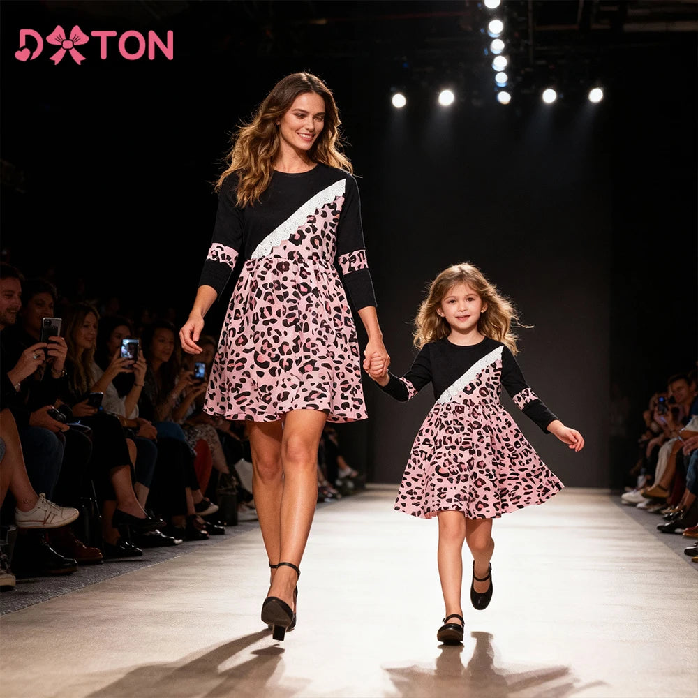 DXTON Family Matching Cotton Clothes Spring Mother and Kids Dress Women Leopard Print Kids Long Sleeve Casual Family Matching