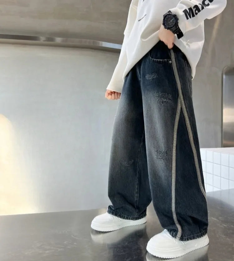 2025 New Boys Straight Jeans Big & Tall Kids Autumn Winter Denim Pants Boys Long Jeans