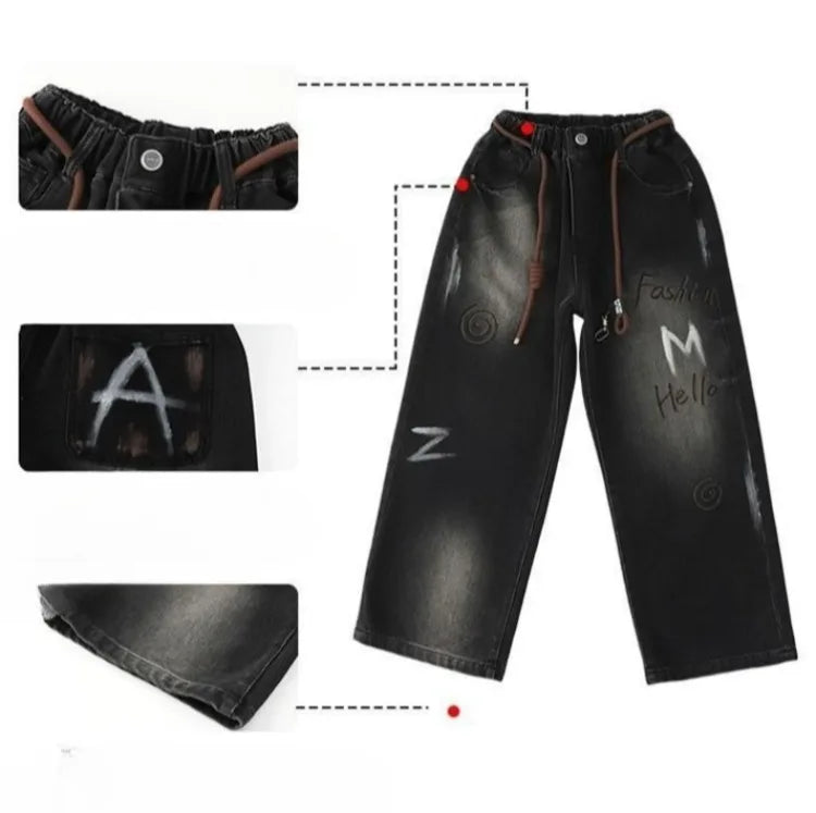 Boys' Trendy Streetwear Jeans for Spring/Fall - Loose Fit Straight-Leg Wide-Leg Denim Pants for Boys 8-14
