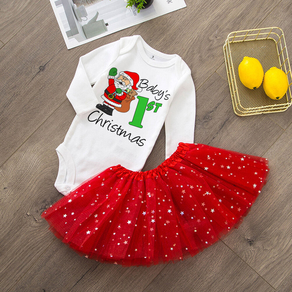 My 1St Christmas Baby Bodysuit Cake Dresses Set Infant Girls Long Sleeve Playsuit Tutu Skirts Clothes Toddler Xmas Party Outfits