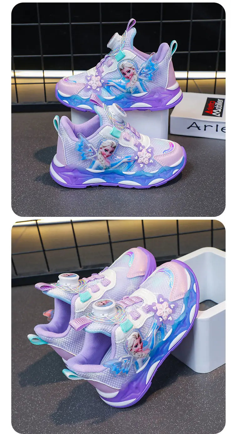 Disney LED Casual Sneakers Spring Girls Frozen Elsa Princess PU Leather Shoes Children Lighted Non-slip Pink Size 23-35