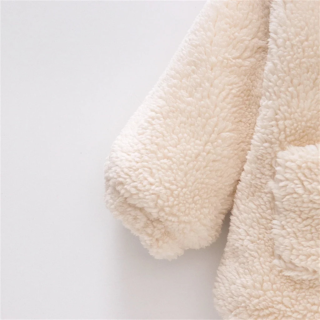 (0-3 Years Old Girls) Winter New Girls' Top Warm Furry Hat Bow Ribbon Warm Cute Hooded Bear Ears Long Sleeve Pocket