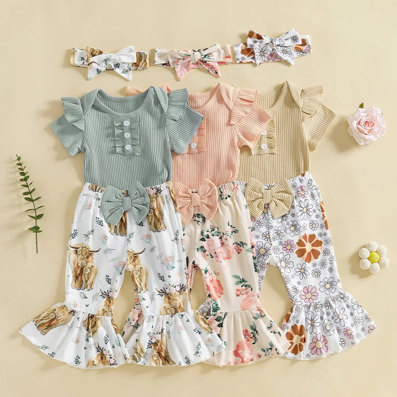 Toddler Girls 3 Piece Outfit Set Ruffle Sleeve Bodysuit Floral Bell Bottom Pants Headband Set for Baby Girl