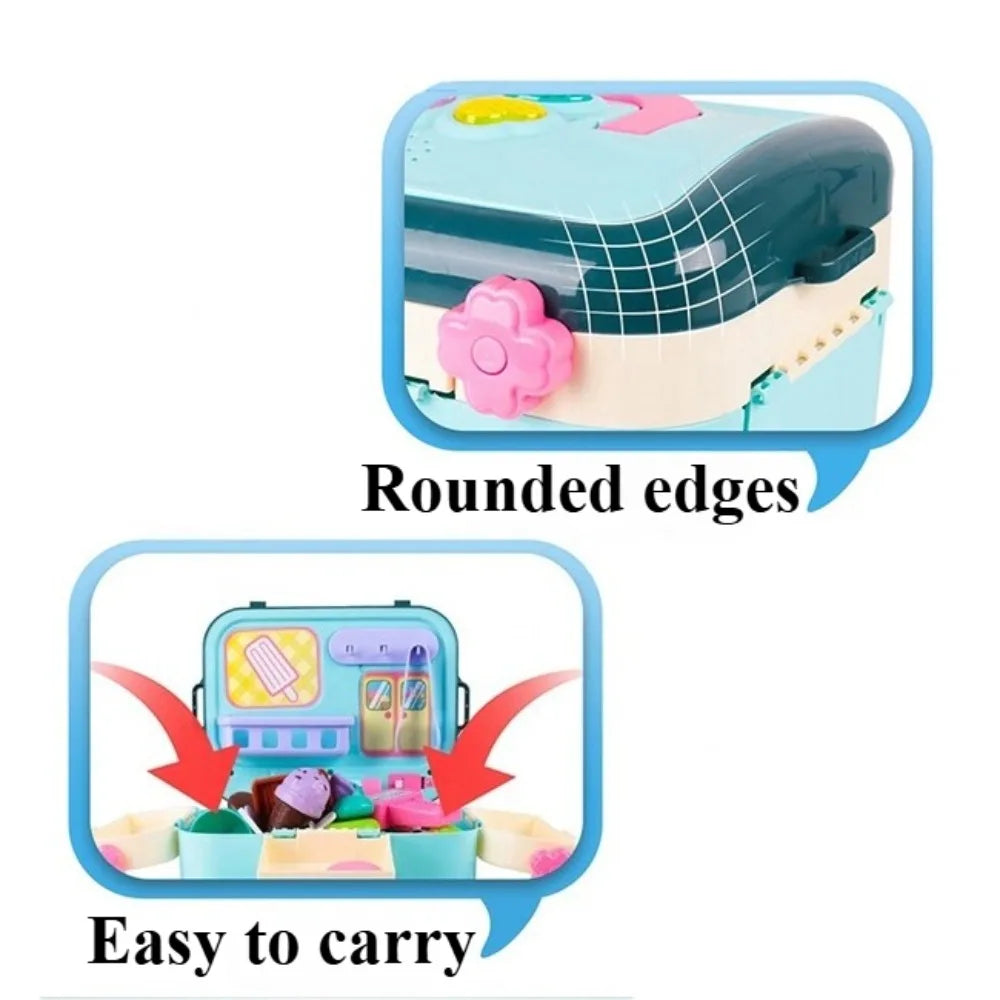 Ice Cream Shop Pretend Play Set Suitcase Cart Toys for Kid Dessert Doctor Play Set with Storage Trolley Table Gift for Boy Girl