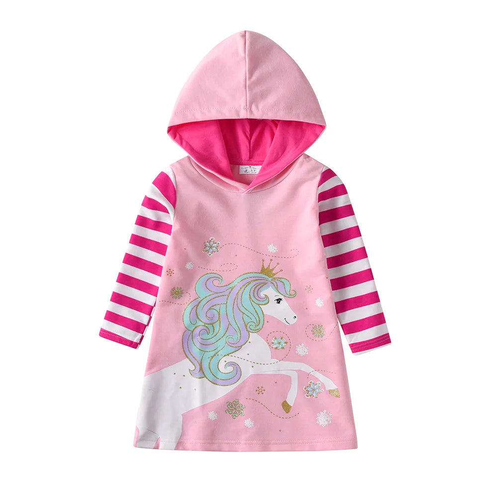 VIKITA Girls Hooded Dress Kids Pink Thick 100% Cotton Street Style Dresses Kids Pink Long Sleeve Autumn Spring Staight Frocks