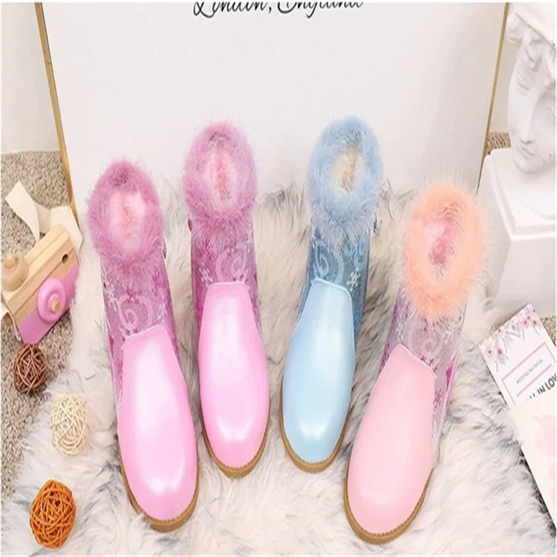 Disney Girls' Boots Winter Fashion Frozen Elsa Princess Children's Short Girls' Cotton Fur Ankle Boots Girls' Pink Shoes Size 25