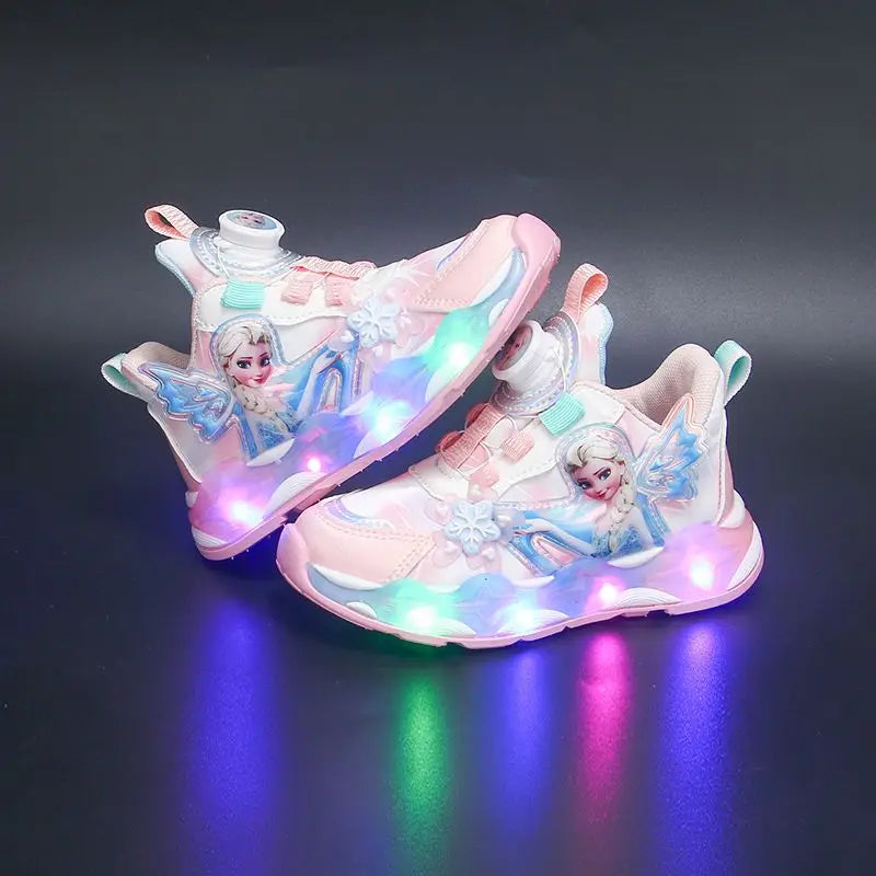 Disney LED Casual Sneakers Spring Girls Frozen Elsa Princess PU Leather Shoes Children Lighted Non-slip Pink Size 23-35