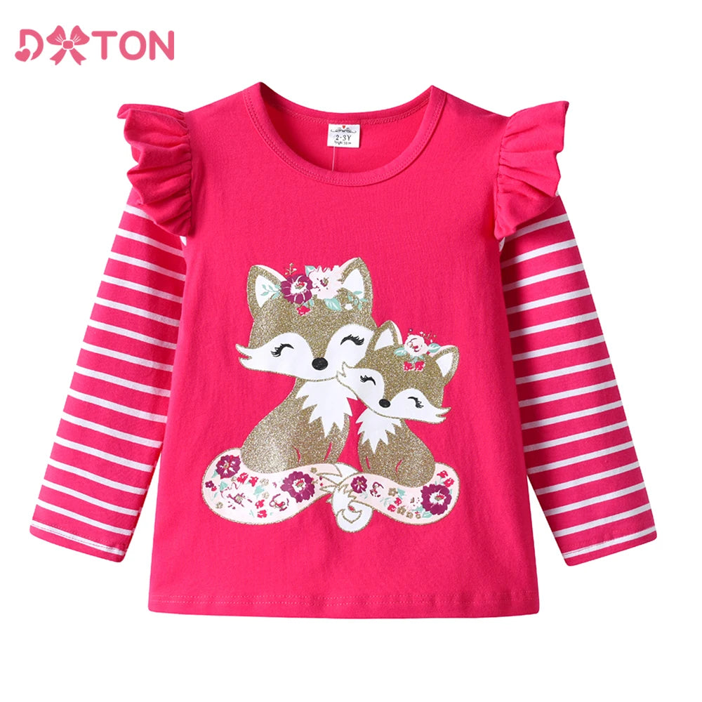 DXTON Toddlers Girls T-shirts Striped Ruffled Long Sleeve Kids Cartoon Tops Squirrel Print Casual Winter Girls Cotton Clothing