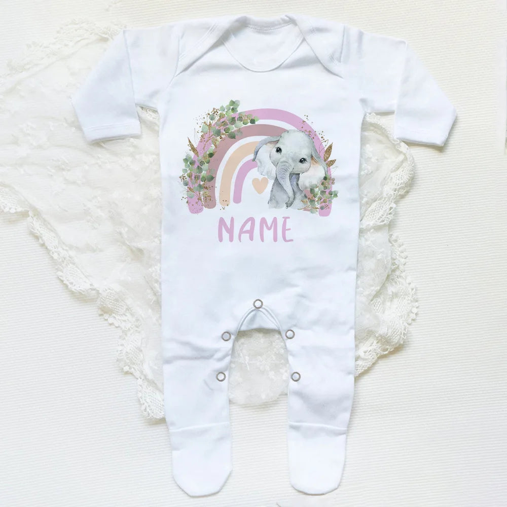 Personalised Forest Animal Rainbow Babygrow Sleepsuit Custom Name Infant Sleepsuit Baby Coming Home Outfit Newbron Shower Gift