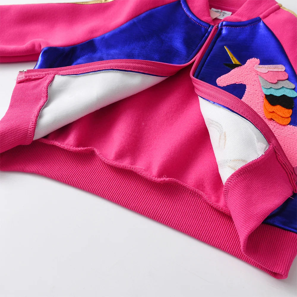 VIKITA Kids Autumn Spring Jacket Coat Girls Unicorn Cartoon Sequined Appliqued Jacket Teenage Girls Casual Sports Outerwear Coat