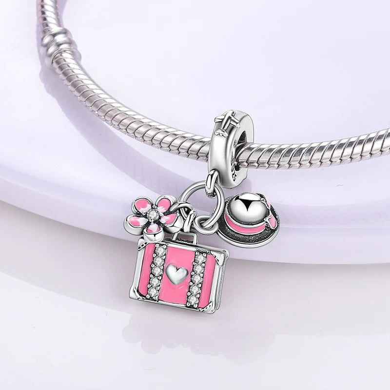 Pink Series Original 925 Sterling Silver Charm Bead Travel Airplane Pendant Fit Original Bracelet Necklace For Women DIY Gift