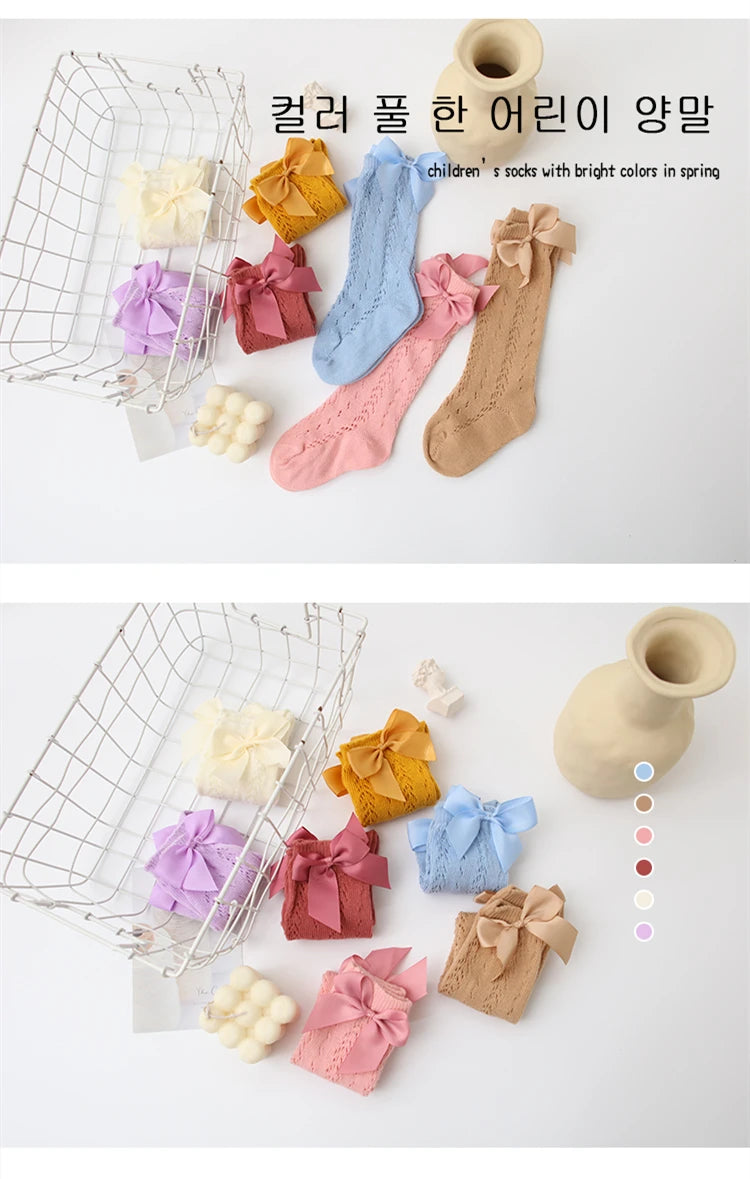 1 Pairs Summer Bow Baby Girls Socks Toddler Long Sock Infant Knee High Cotton Mesh Spanish Style Breathable Socks For 0-8Years