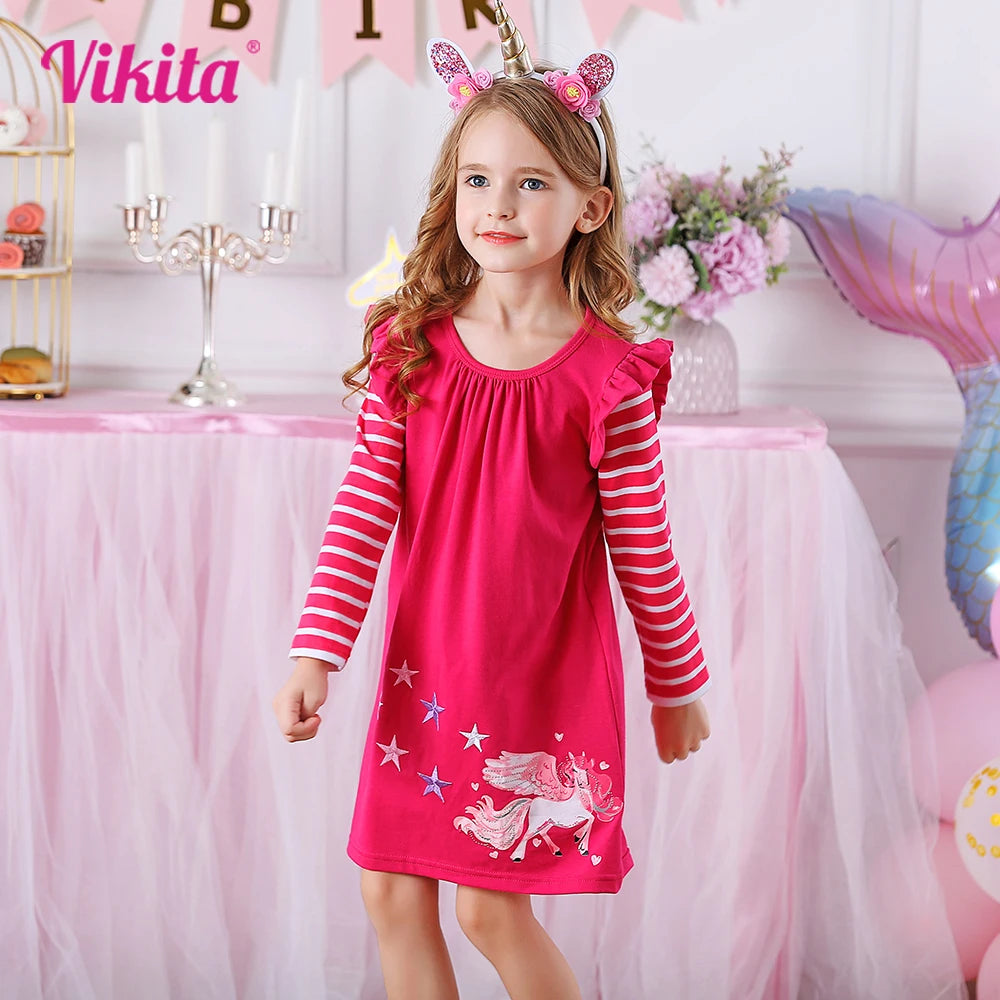 VIKITA Girls Flare Sleeve Autumn Spring Dress Kids Licorne Print Striped Dress Girls Cotton Casual Daily School Straight Dresses