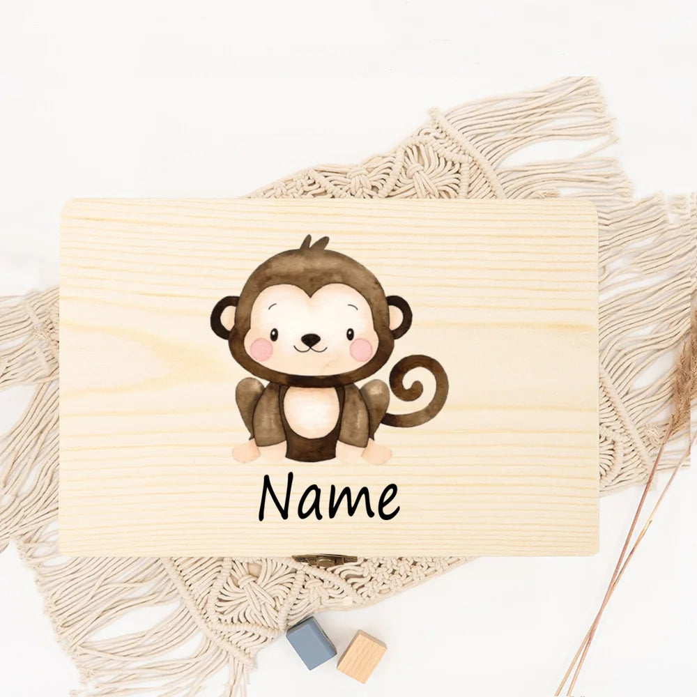 Personalized Baby Wood Box Cute Animal Print Toddler Memory Box Custom Name Infant Keepsake Box Newbron Shower Gift Kids Present