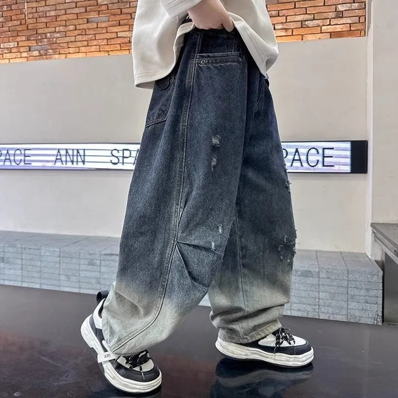 2025 New Boys' Gradient Denim Jeans Straight Leg Loose Fit Wide Pants for Kids Spring/Fall Casual Wear, Trendy & Stylish