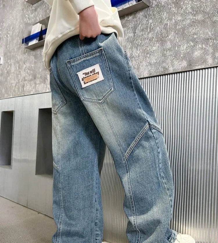 Boys' Jeans Spring Autumn Loose Straight Leg Stylish Versatile Long Pants Hot Sale Ages 7-14