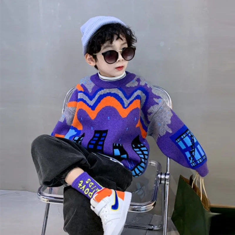 2025 Autumn/Winter New Boys' Fleece-Lined Thickened Crewneck Sweater, Korean Style Toddler Big Kids Knitwear