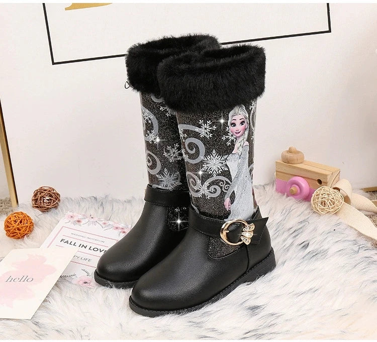 Disney Girls' Leather Boots Winter Cartoon Frozen Boots Zipper High Plush Princess Elsa Boots Warm Children's Boots Size 25-36