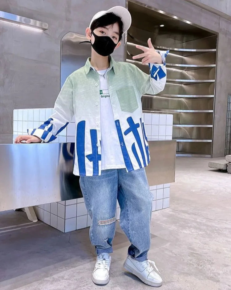 2025 Trendy Tween Boys Gradient Shirt Spring Autumn Summer Kids Clothing Hot Sale Unique Fashion Design