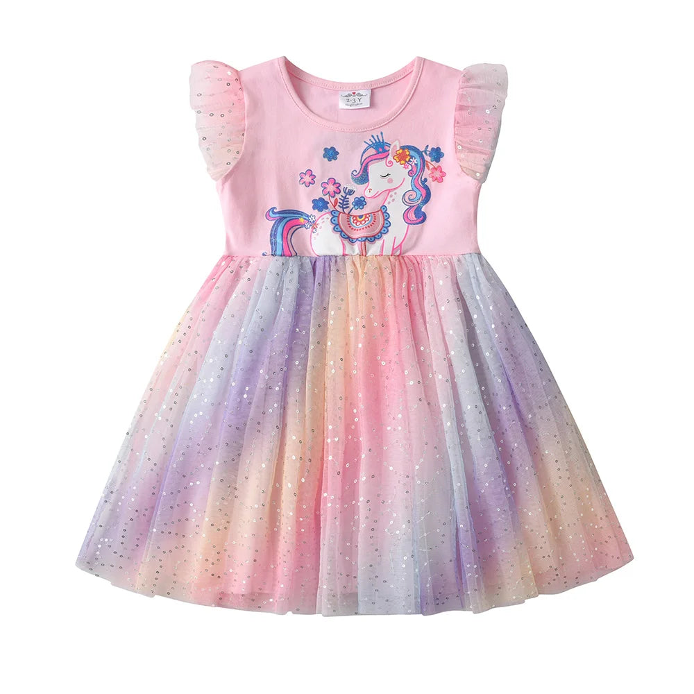 VIKITA Kids Flare Sleeve Summer Dress Girls Unicorn Flower Print Dresses Girls Pink Princess Birthday Party Gradient Cute Dress