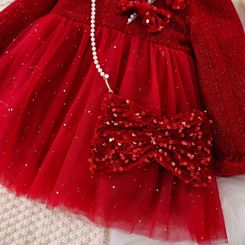 Autumn And Winter New Red Sequin Bow Baby Girl Dress, Princess Style Children'S Clothing With Free Sequin Pendant (0-3 Years)