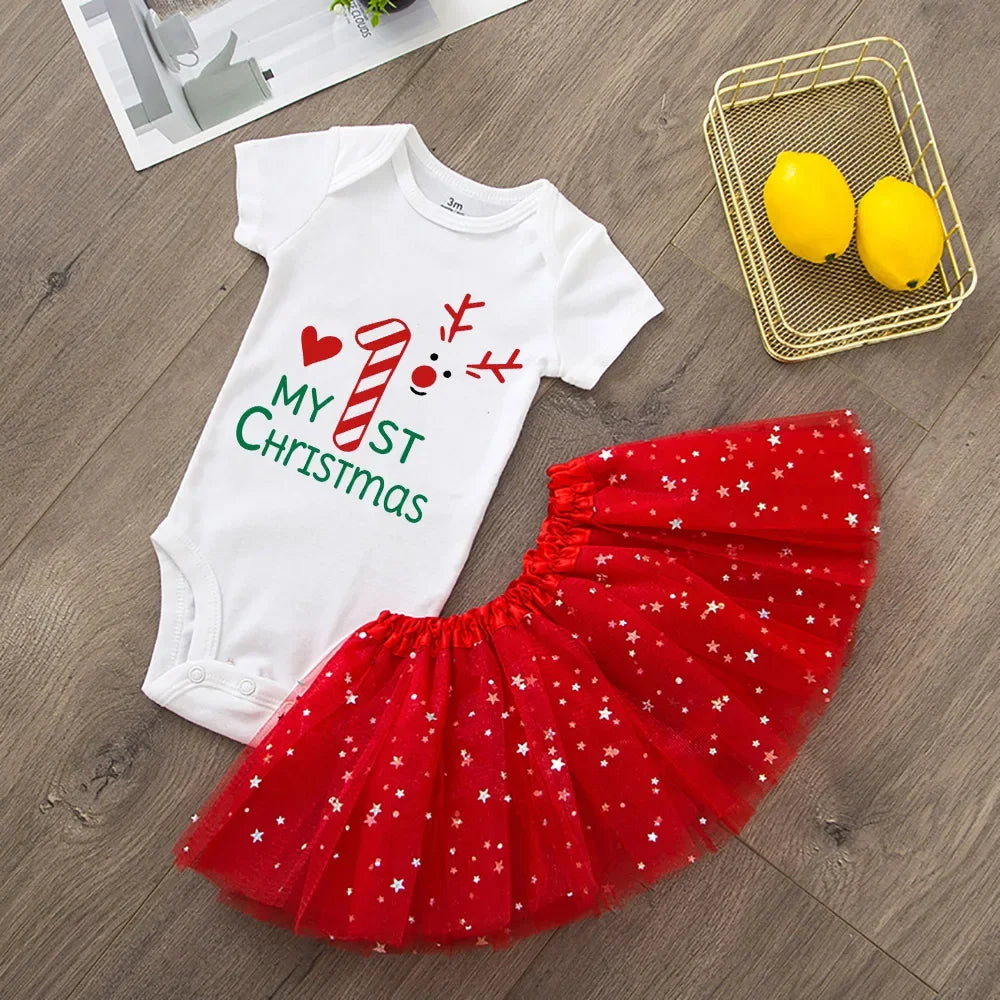 My First Christmas Newborn Girl Red Romper Jumpsuit Baby Girl Casual Short Sleeve Toddler Cake Dresses Christmas Best Gifts