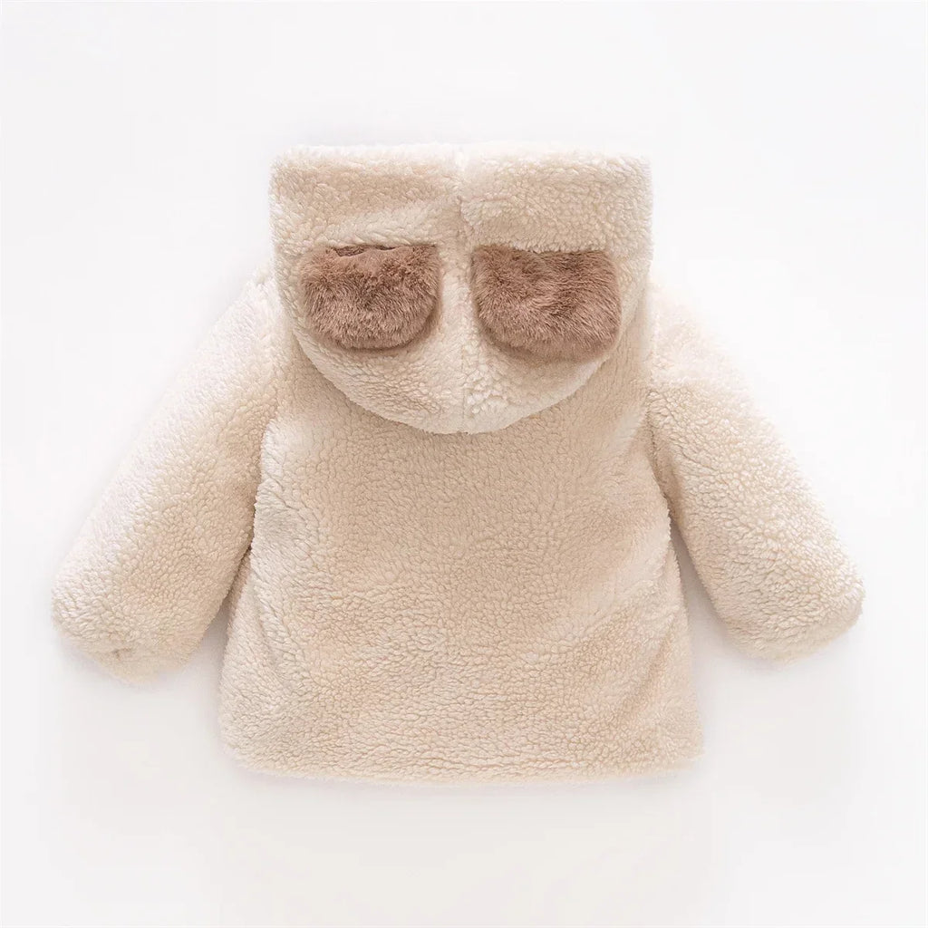 (0-3 Years Old Girls) Winter New Girls' Top Warm Furry Hat Bow Ribbon Warm Cute Hooded Bear Ears Long Sleeve Pocket