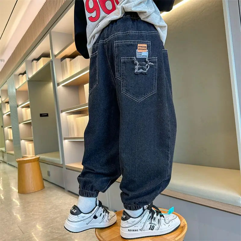 2025 New Boys' Denim Jeans Spring Autumn Kids Casual Sport Pants Long Korean Style Trendy Streetwear