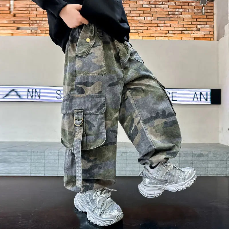 2025 New Boys Autumn Camouflage Tactical Pants - Kids Cargo Pants with Multiple Pockets, Trendy & Comfortable for 8-14 Years Old