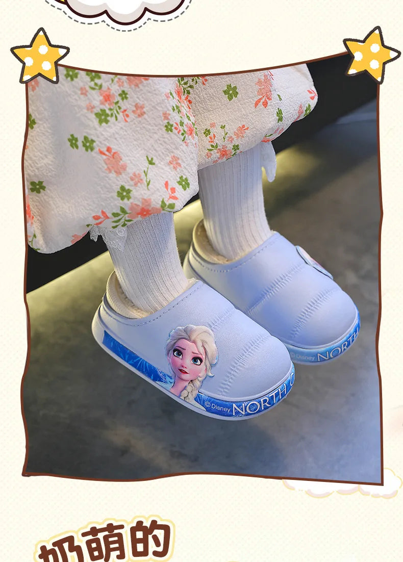 Disney Princess Elsa Girls' Cotton Frozen Winter Waterproof Wool Slippers Cartoon Parent Children's Blue Slippers Size 24-36