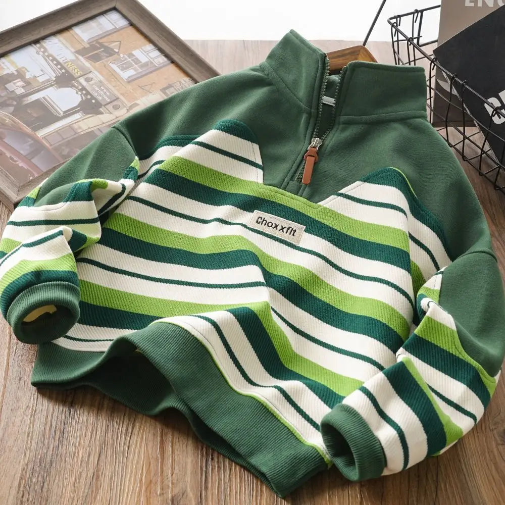 Boys' 7-8Y Striped Stand Collar Zipper Sweatshirt - Kids' Casual Top