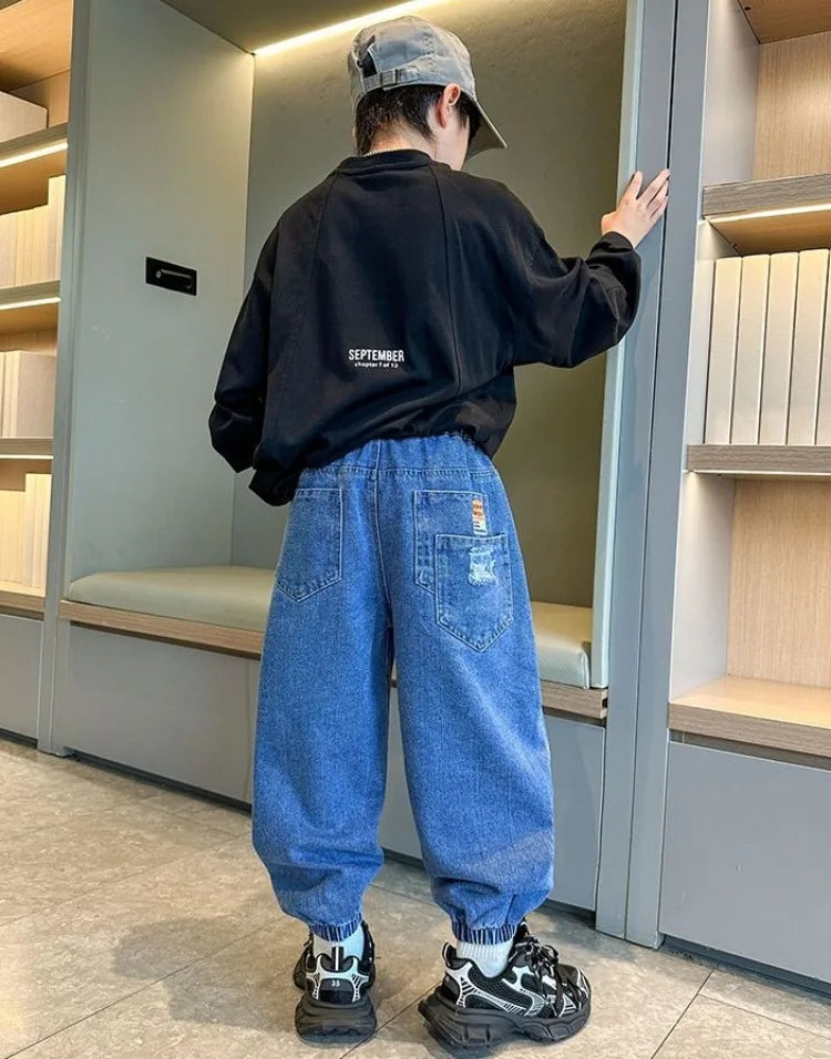 2025 New Boys' Denim Jeans Spring Autumn Kids Casual Sport Pants Long Korean Style Trendy Streetwear