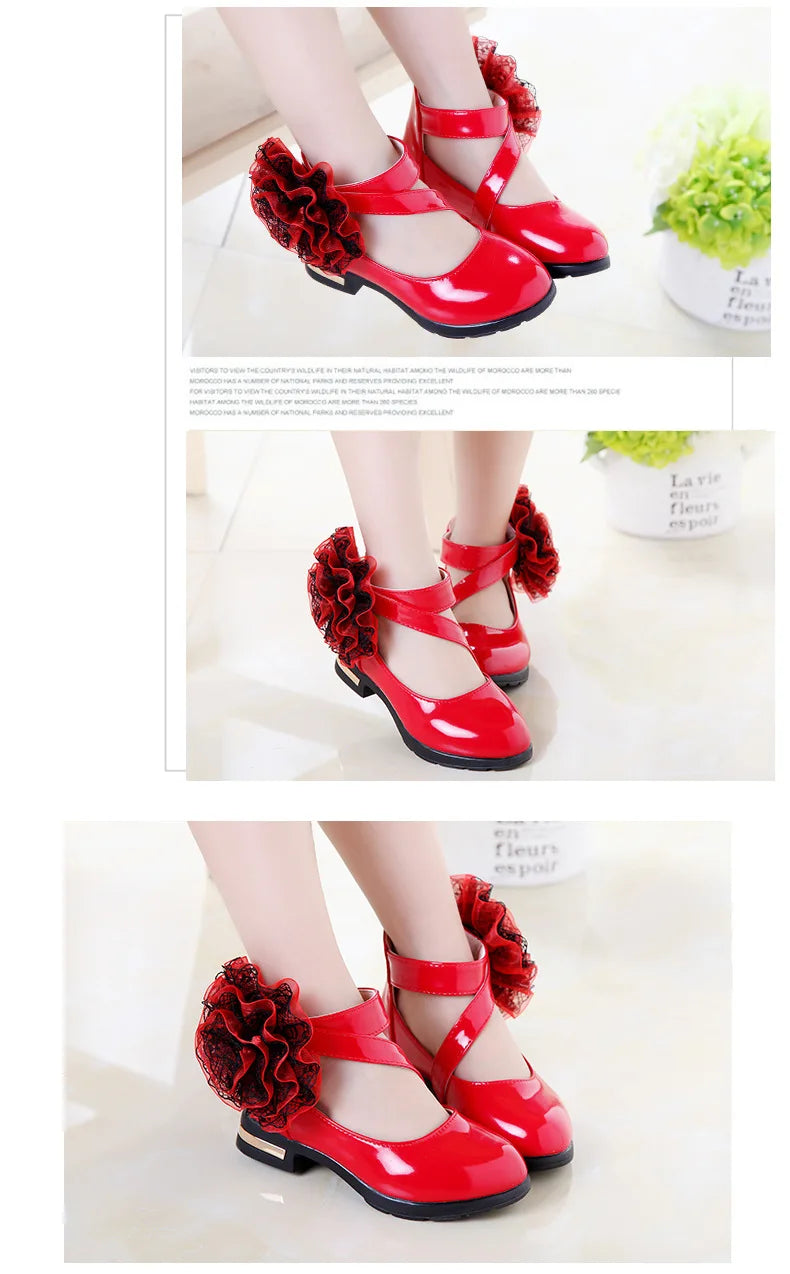 Kids Shoes Girls High Heel Princess Flower Shoes Fashion Children Shoes Leather Fashion Girls Party Dress Wedding Dance