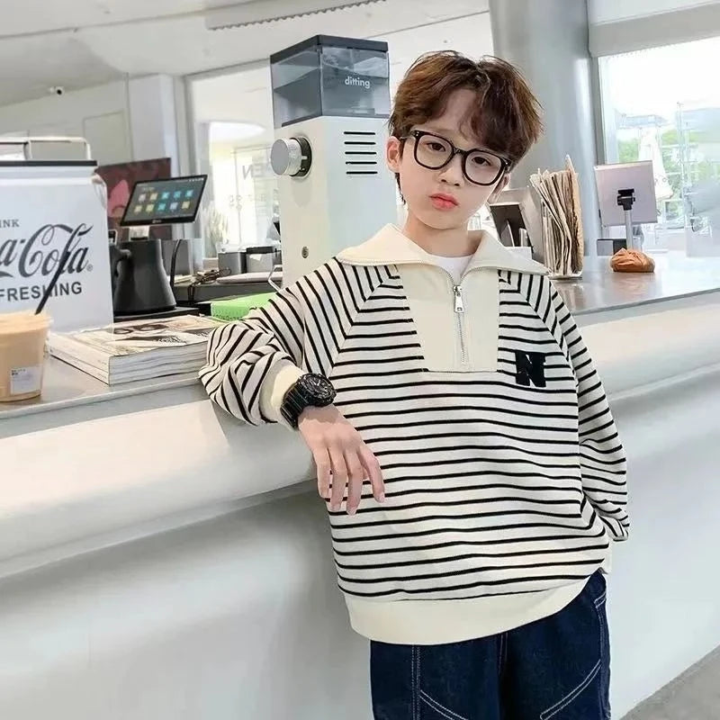 Boys' Medium-Large 2025 Spring/Autumn Korean Style Large Collar Black & White Striped No Hood Sweatshirt