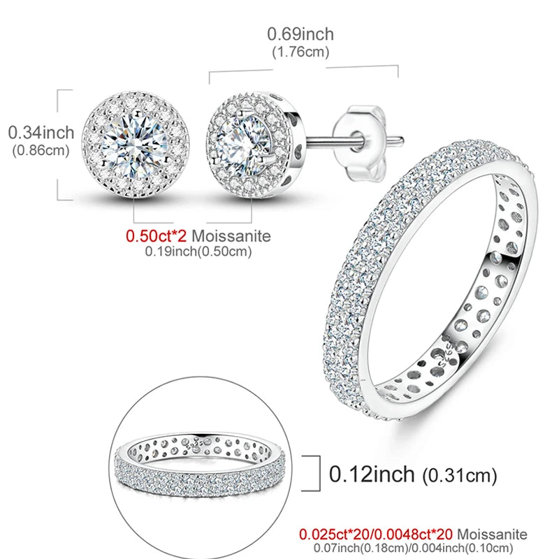 100% 925 Sterling Silver Classic Round Cut Moissanite Stud Earrings Ring Set Platinum Lab Diamond For Women Wedding Jewelry Gift