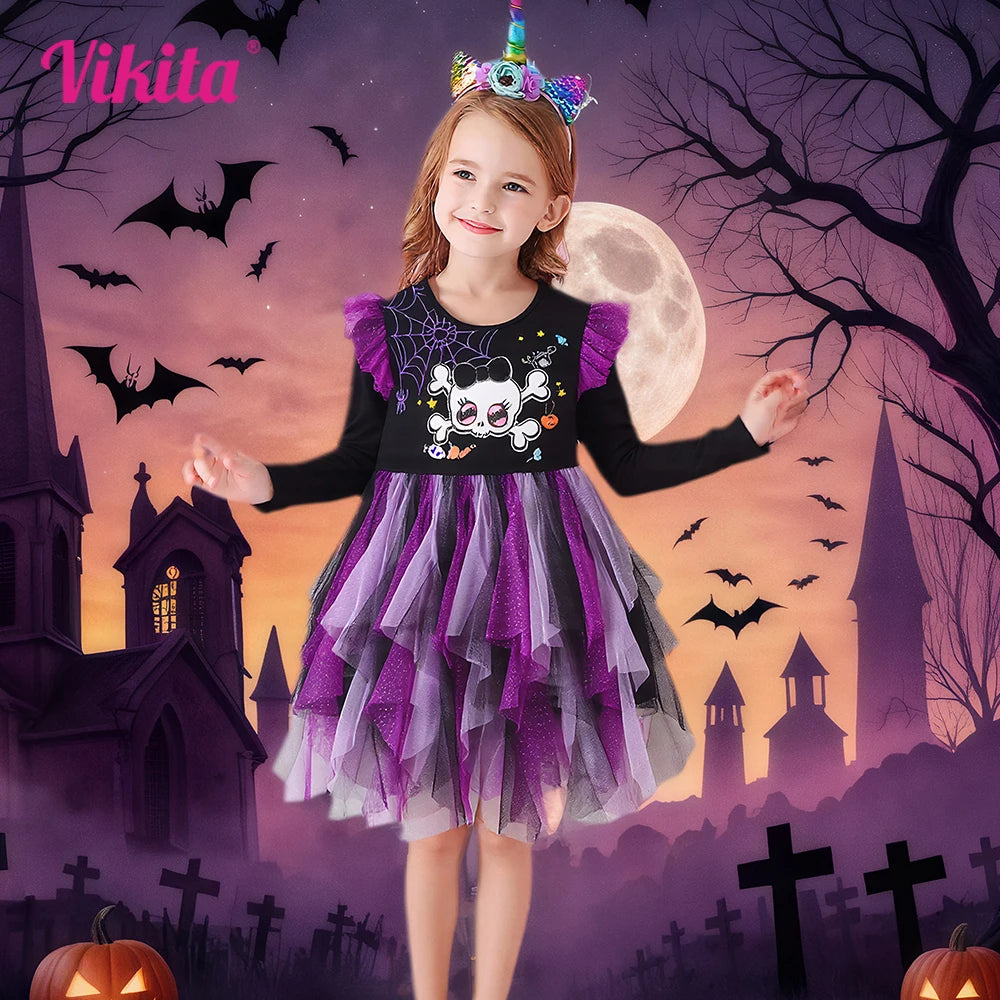 VIKITA Kids Halloween Holiday Cosplay Costumes Girls Spider Skull Print Flare Sleeve Autumn Winter Princess Mesh Tutu Dresses