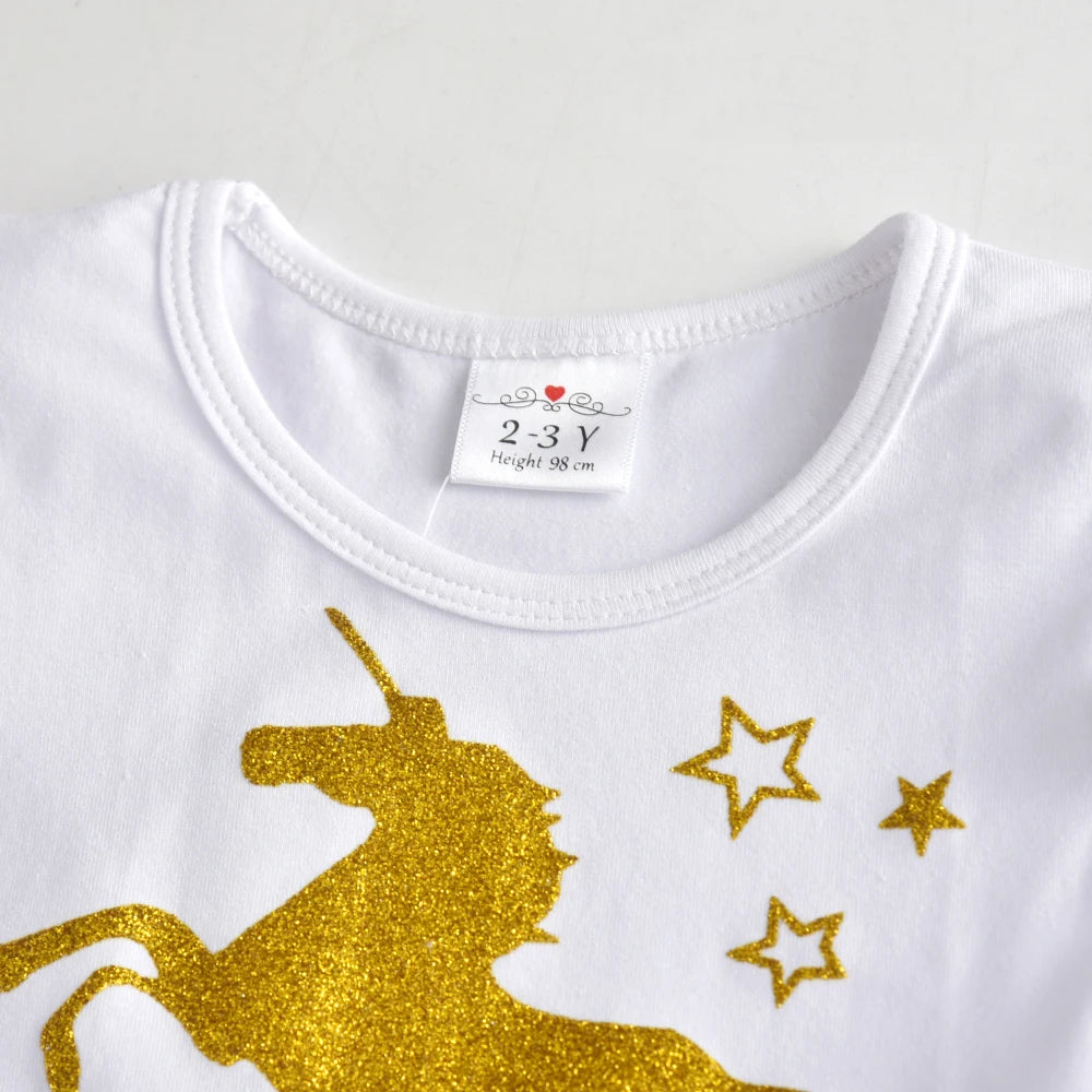 VIKITA Girls Licorne Print Dress Girls Flare Sleeve Summer Dresses Kids Birthday Party Patchwork Princess Elegant Cute Dresses