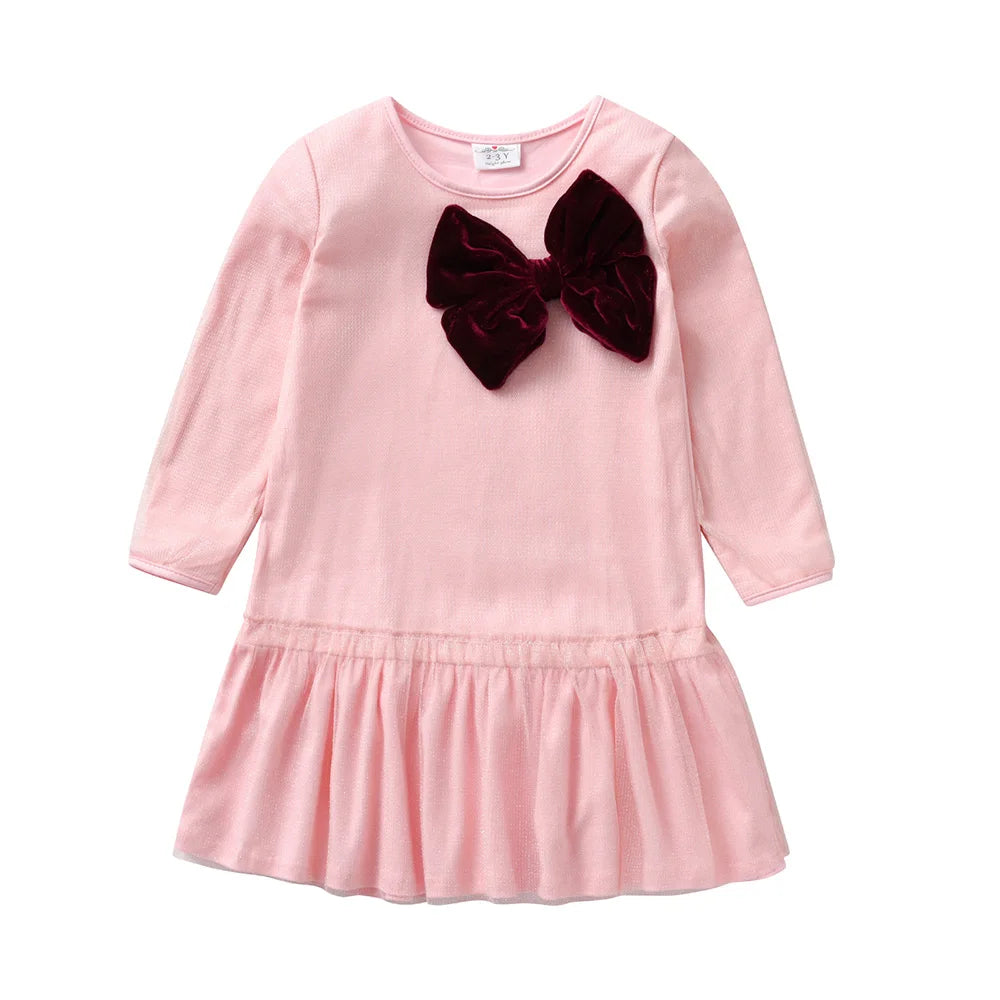 VIKITA Children Cotton Casual Dresses Kids Pink Ruffles Dress Girls Autumn Spring Long Sleeve Straight Dress with Bowknot 3-8 Y